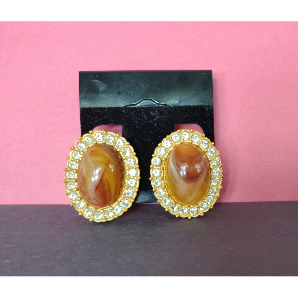 Vintage Clip On Oval Earrings Gold Tone Faux Agate Glass Rhinestone Made in USA